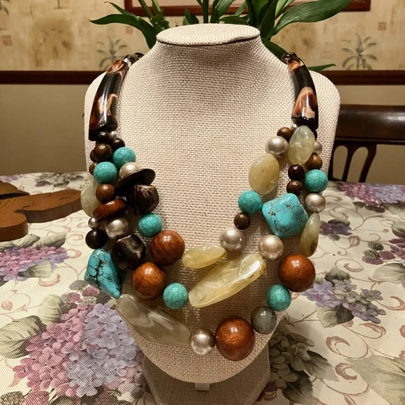 CHICOS ONE OF A KIND NECKLACE WITH AUTHENTIC TURQUOISE, ACRYLIC, WOOD and STONE - Picture 1 of 16